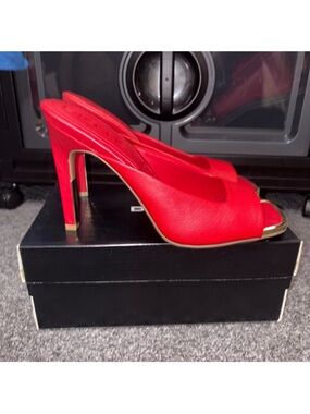 DKNY Red Open-Toe Stiletto Mule with Gold Trim